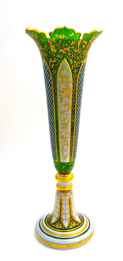 Antique Bohemian Green Overlay Glass Vase