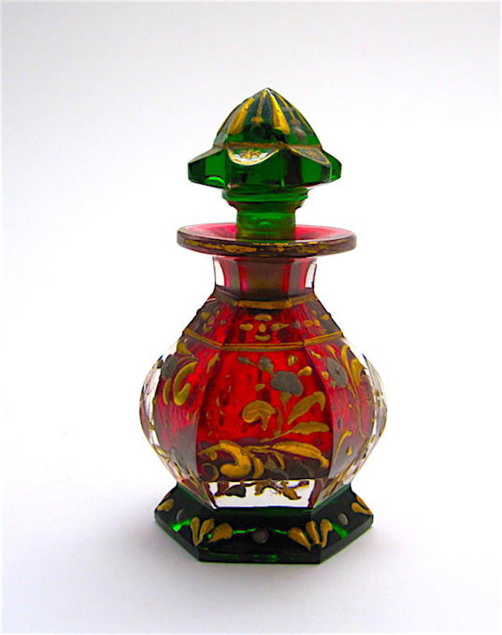 Rare Antique Bohemian Miniature Red and Green Perfume Bottle