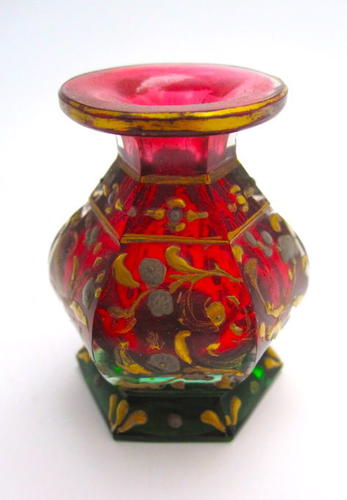 Rare Antique Bohemian Miniature Red and Green Perfume Bottle