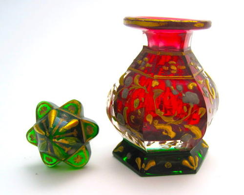 Rare Antique Bohemian Miniature Red and Green Perfume Bottle
