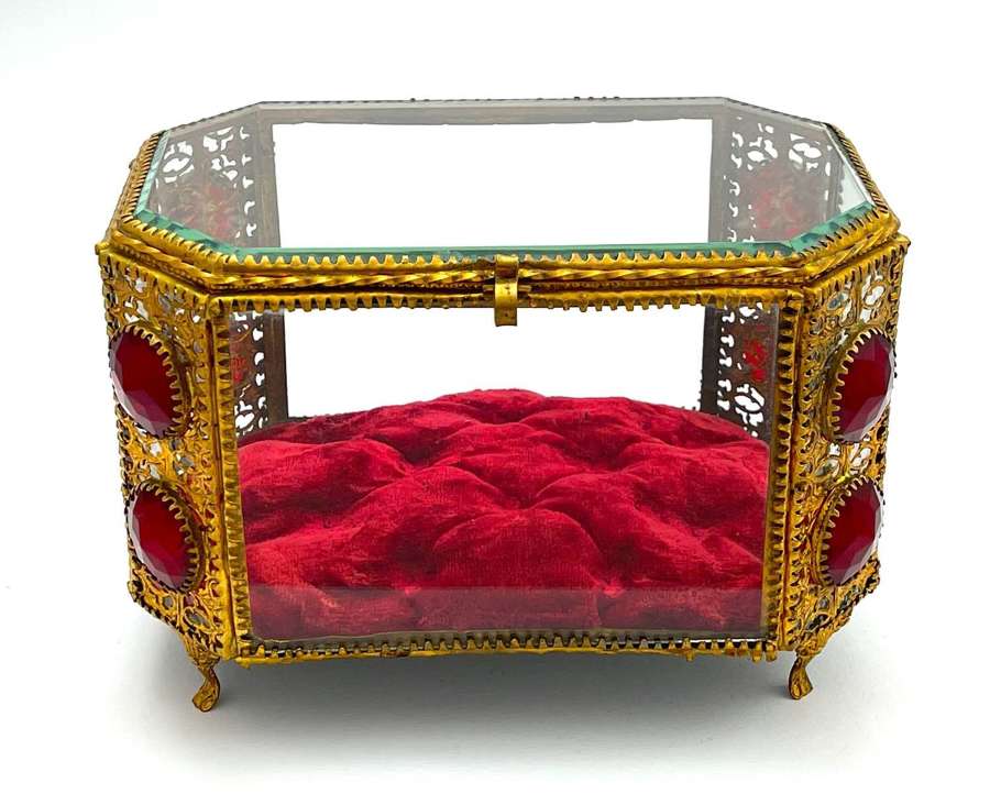 Large Antique French Jewellery Box with Red Cabochons