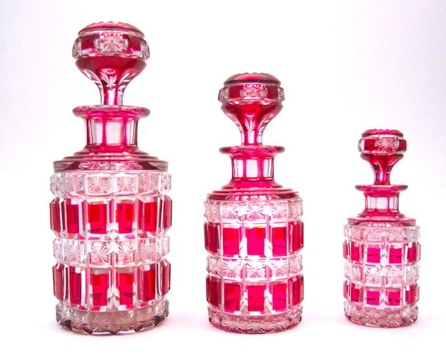 Set of 3 BACCARAT Cranberry Crystal Cut Toilette Bottles