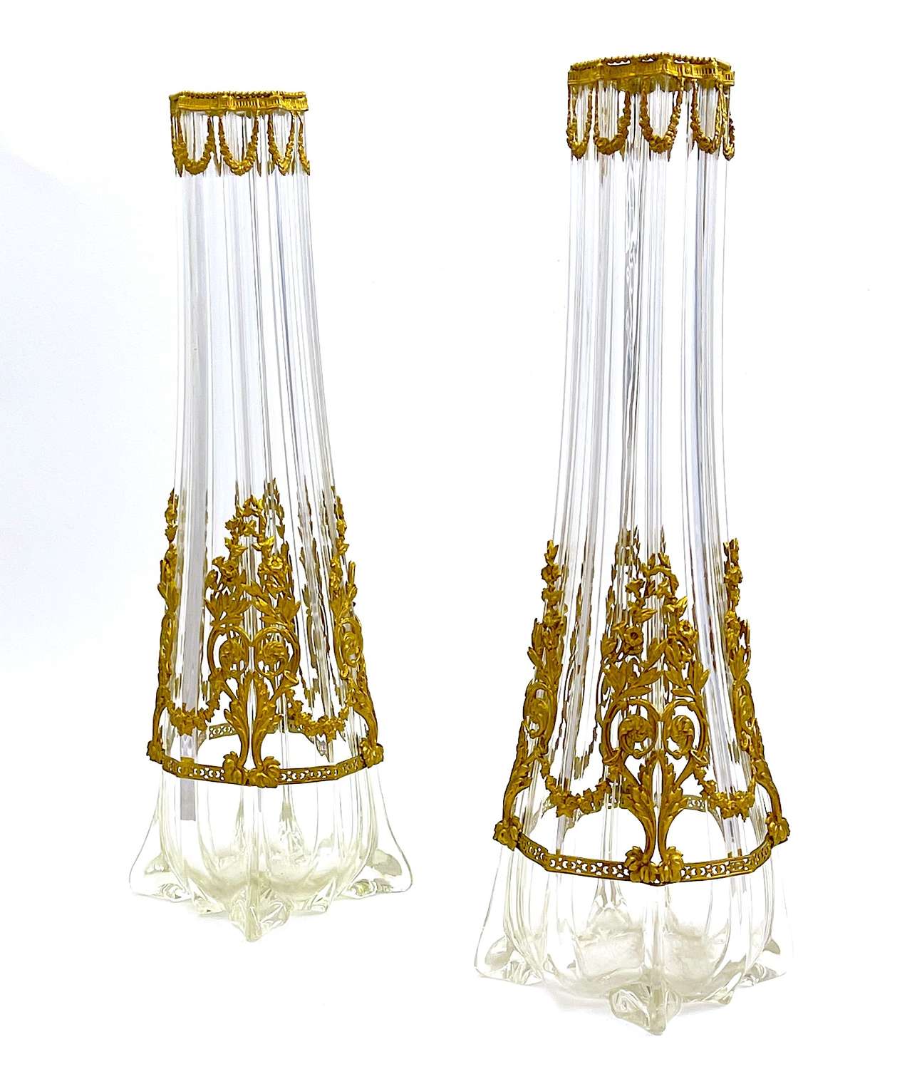 Pair of Tall Elegant Antique Empire Dore Bronze & Crystal Vases