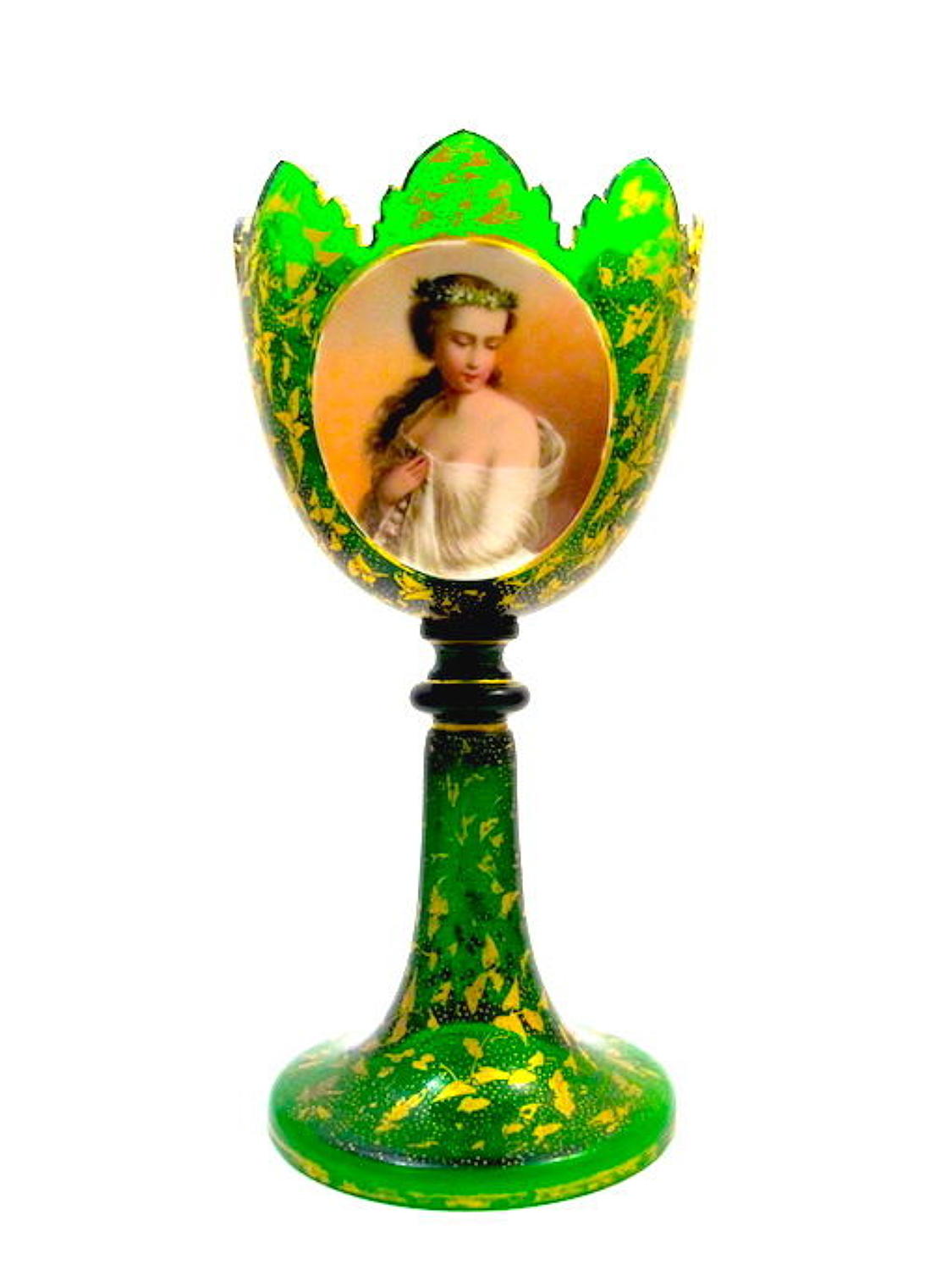 Antique Bohemian Green Overlay Glass Portrait Centrepiece.