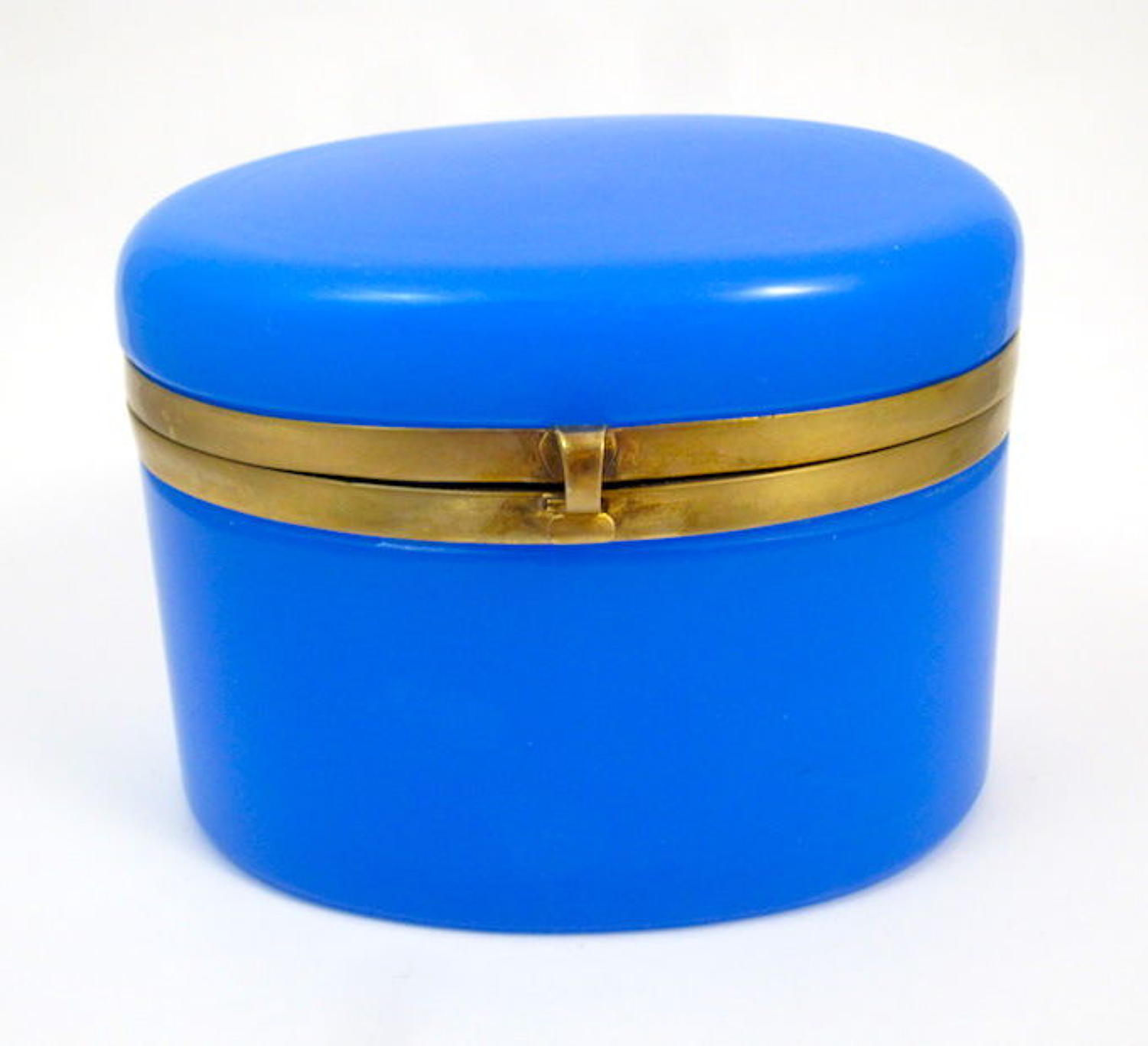 Antique French Blue Opaline Glass Oval Casket Box