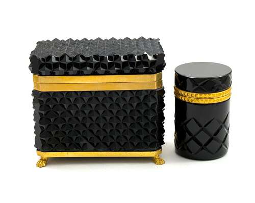Rare Black Opaline Diamond Cut  Rectangular Casket Box