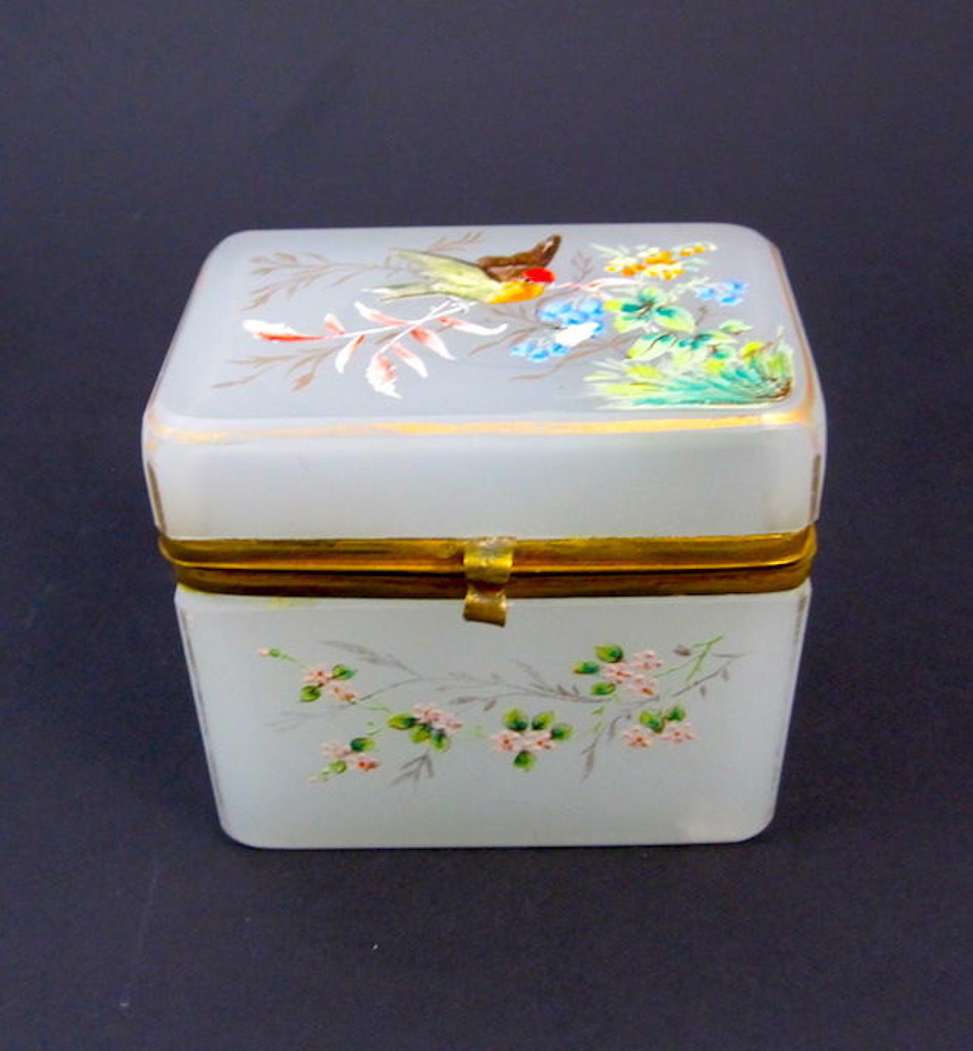 Pretty Antique Miniature White Opaline Glass Enamelled Casket Box