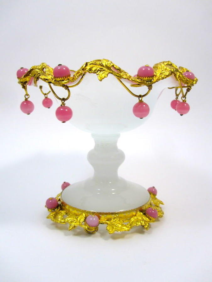 Antique French White Opaline Glass Bowl with Pink Opaline Baubles