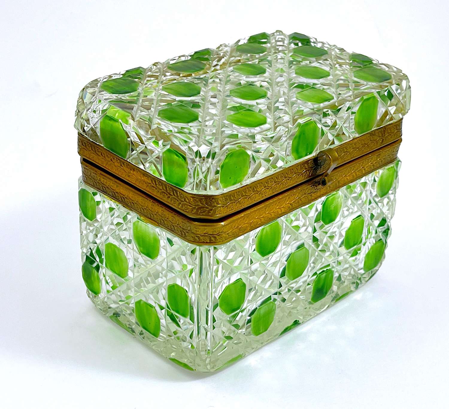 Antique Baccarat Green Cut to Clear Hobnail Cut Crystal Casket