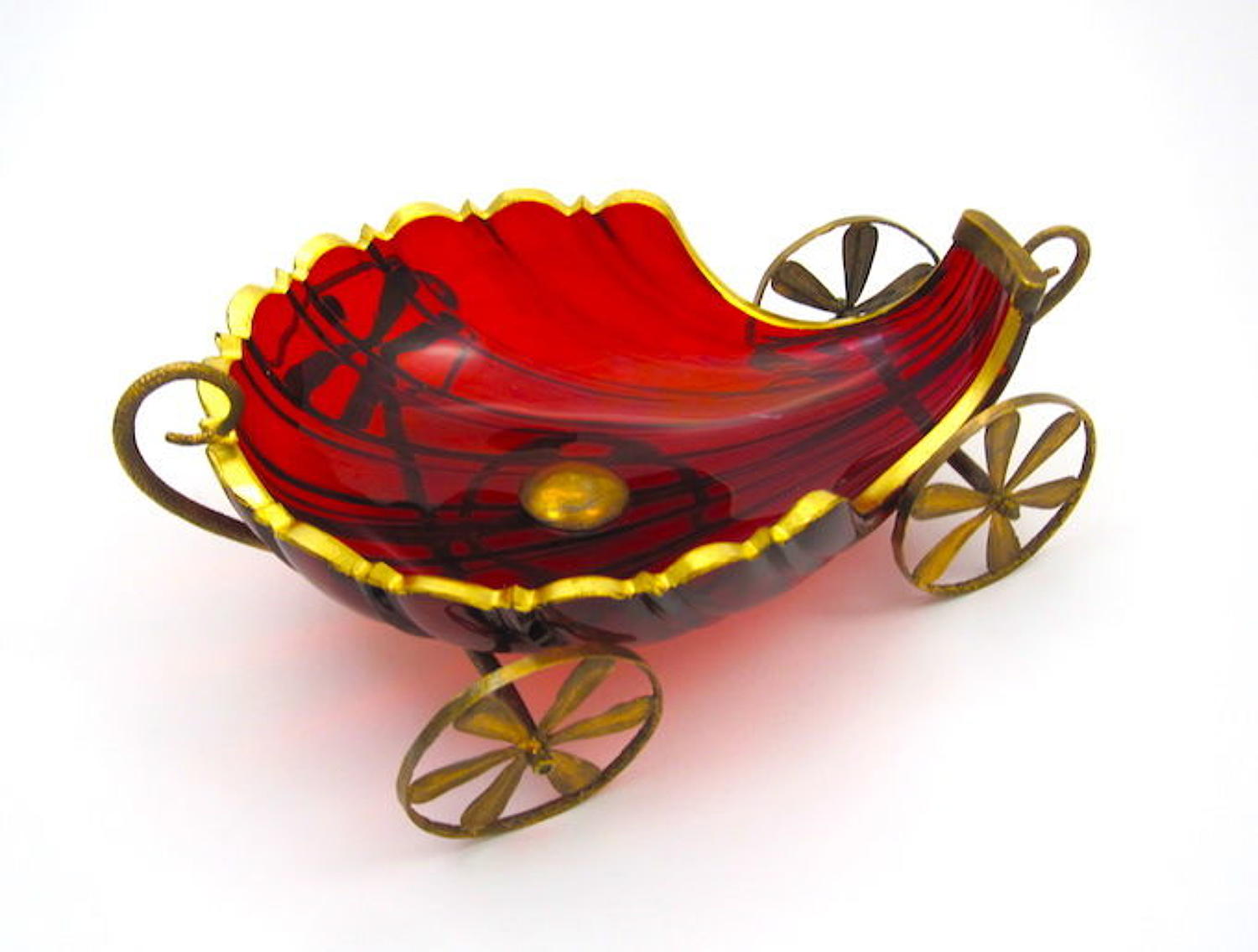 Large French Antique Ruby Red Cut Crystal Shell Shaped Carriage