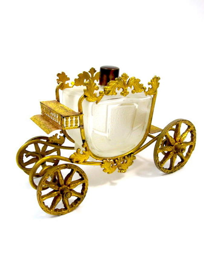 Unusual Antique French Glass Perfume Bottle and Dore Bronze Carriage
