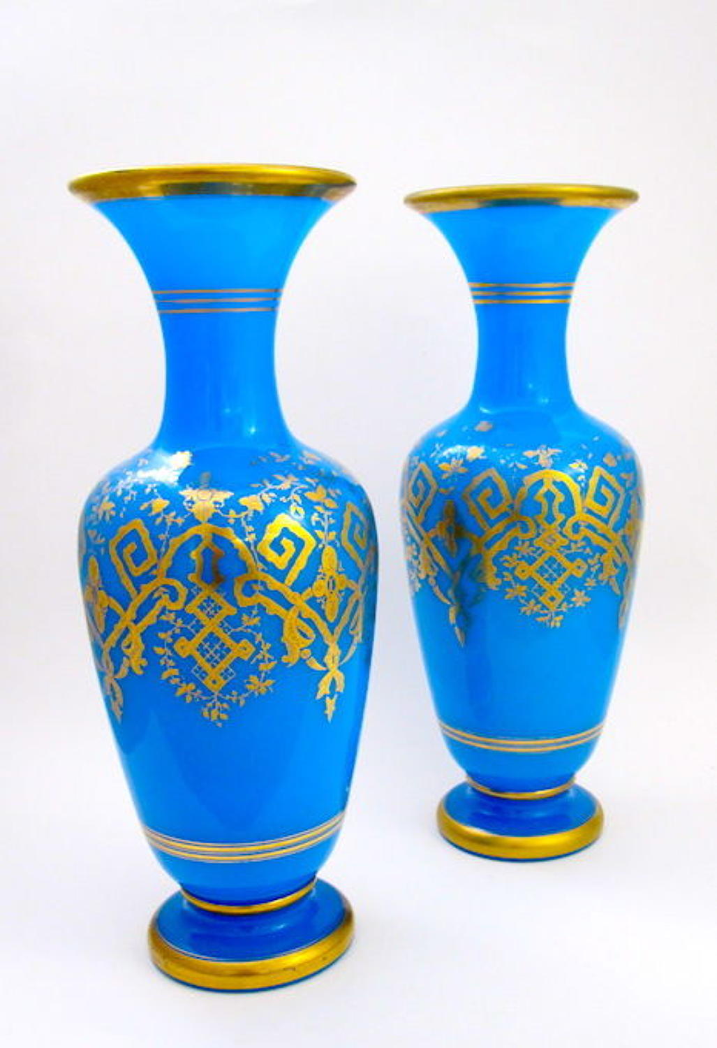Pair of High Quality Antique BACCARAT Blue Opaline Glass Vases