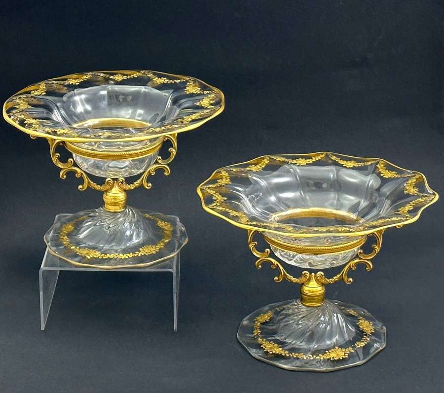A Pair of Antique French Gilded Crystal and Dore Bronze Centrepiece