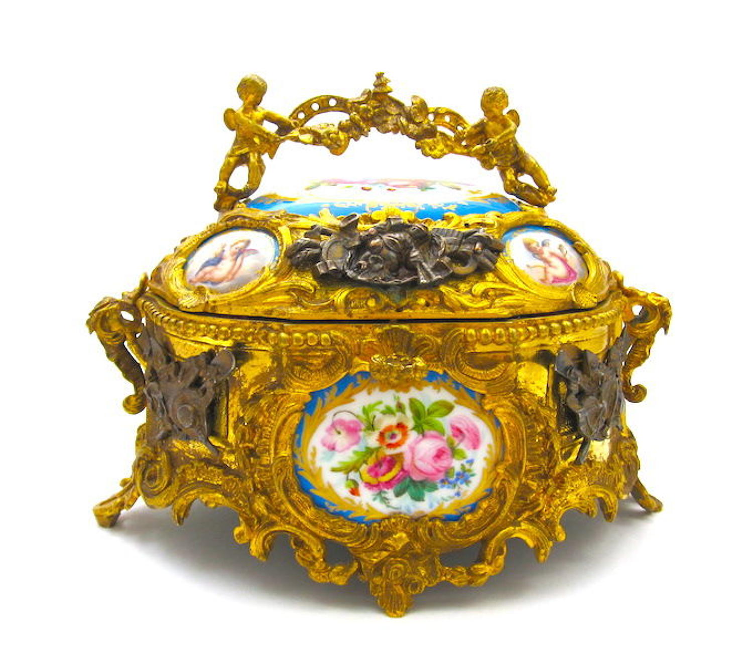 Fabulous Antique French Porcelain Mounted Dore Bronze Casket