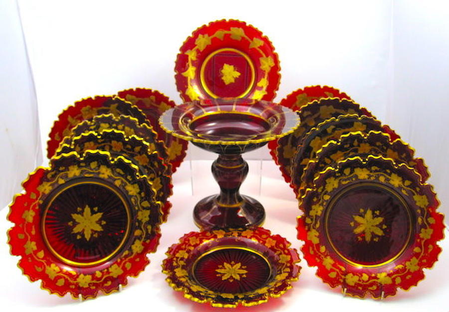 High Quality Antique Bohemian Ruby Red and Gold Crystal Dining&nbsp;Set