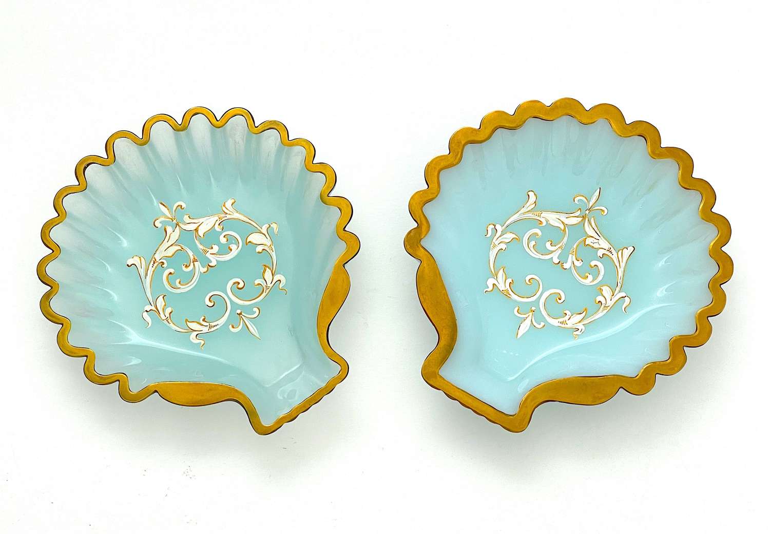 A Pair of Unusual Antique French Opaline Glass Scallop Shell Dishes