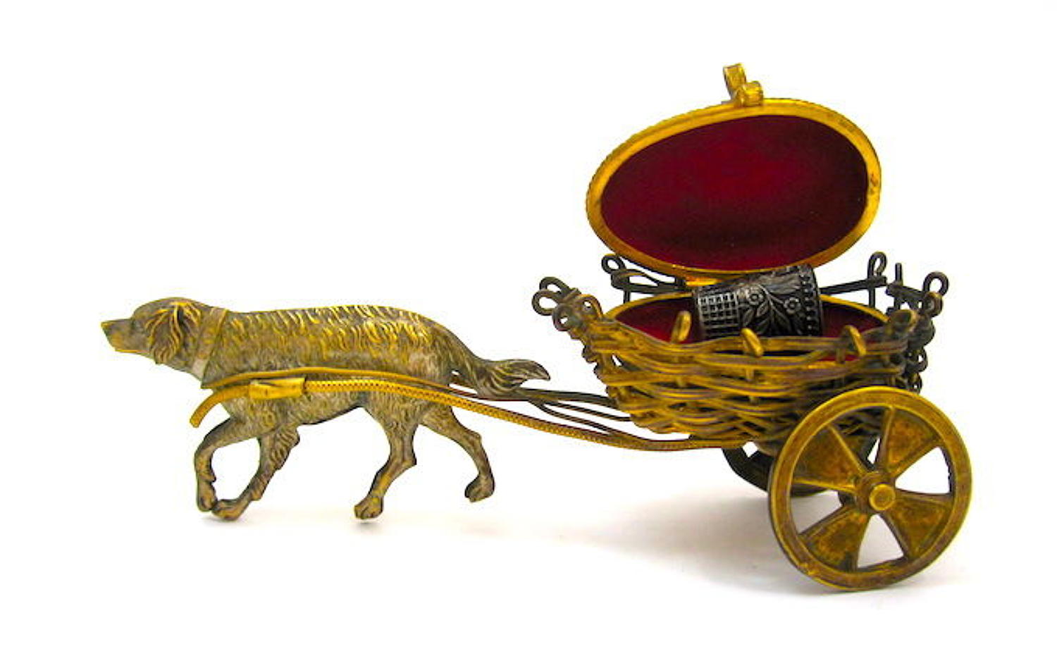 Unusual Antique Palais Royal Dore Bronze Dog Cart Thimble Holder