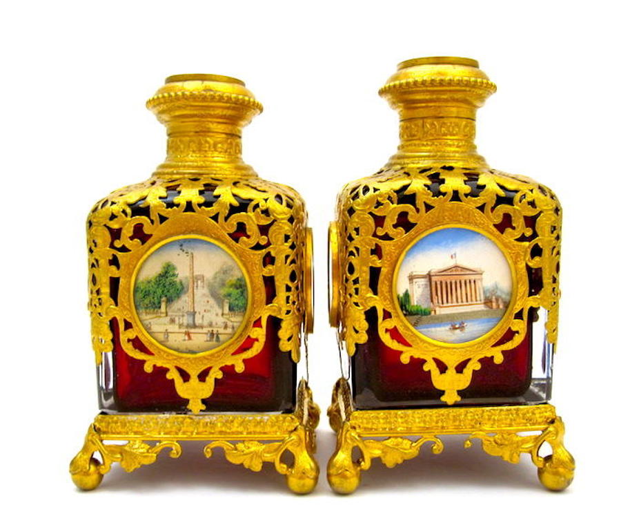 Rare Pair of Large Antique Palais Royal Ruby Red Glass Perfume Bottles