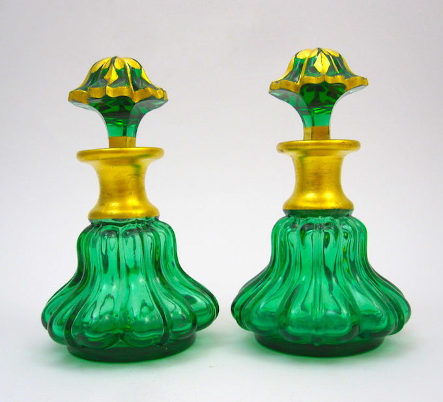 Pair of Antique French Green Crystal Glass Perfume Bottles