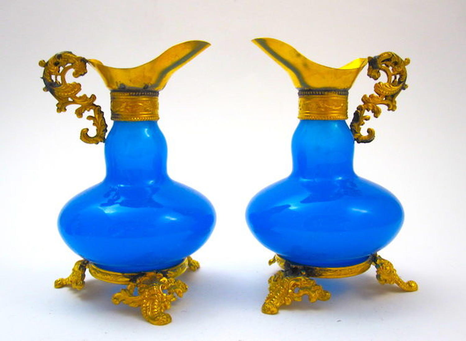 A Pair of Antique French Miniature Blue Opaline Glass Vases