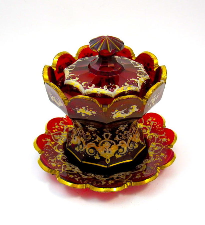 High Quality Antique Bohemian Ruby Red Glass Bowl, Cover and Plate.