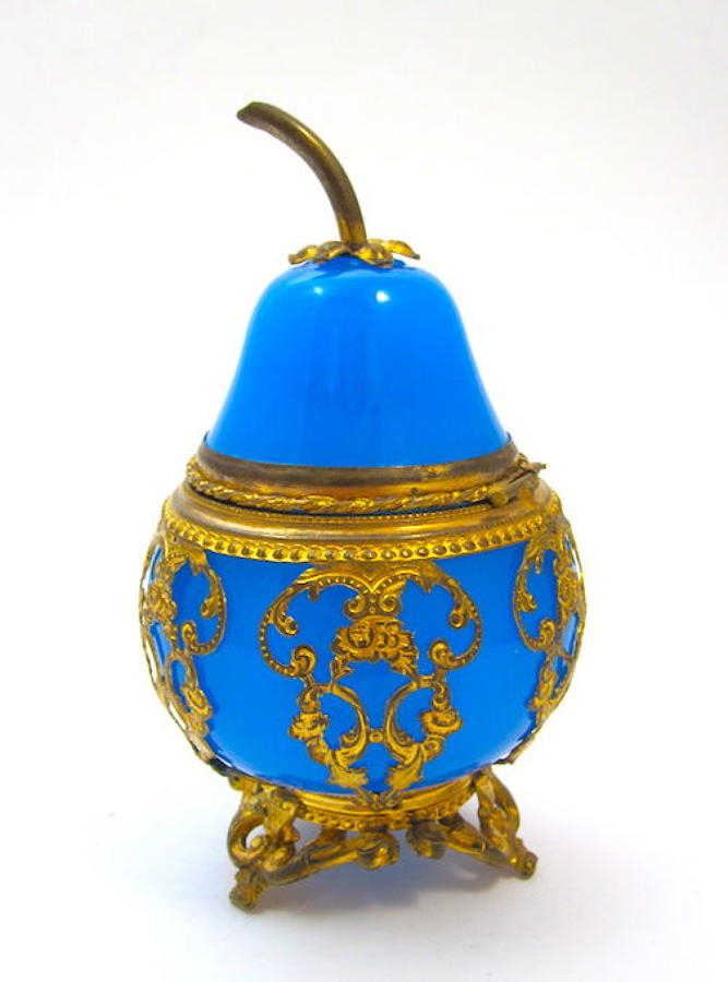 Rare Antique Palais Royal Blue Opaline Glass Pear-Shaped Casket Box.
