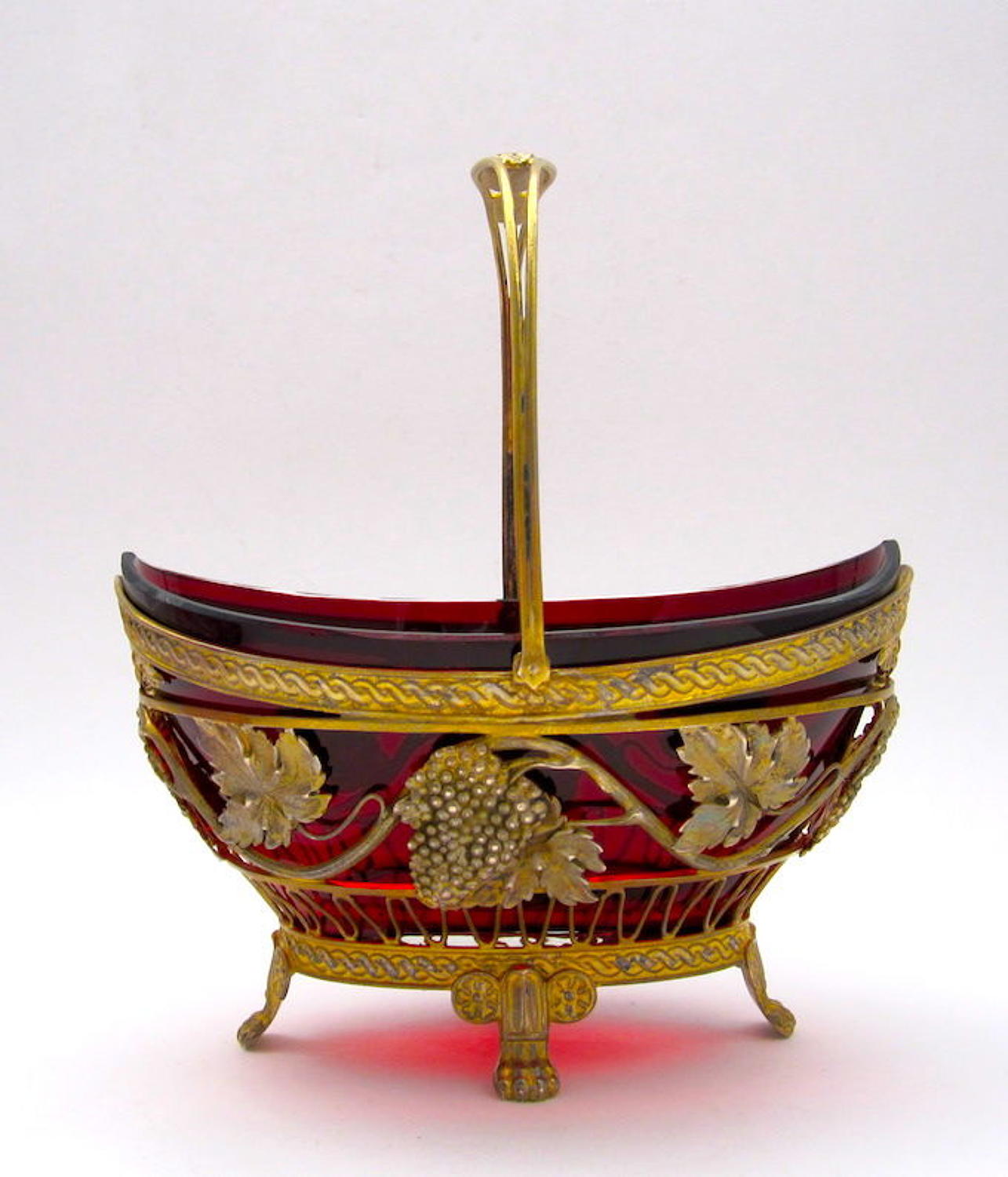 Antique French Ruby Red Basket with Fine Gilded Silver Mounts