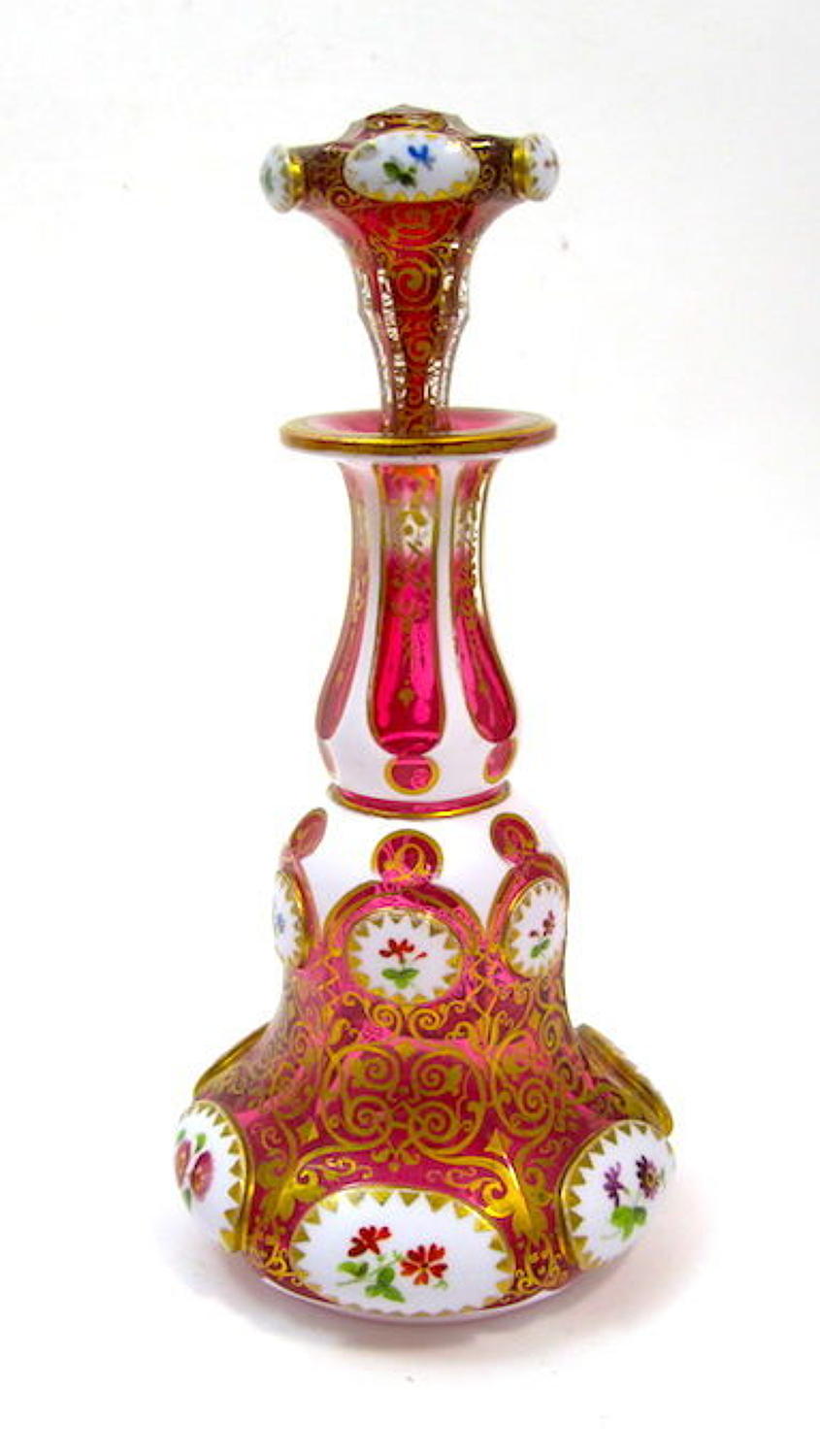 Antique Bohemian Overlay Perfume Bottle with Hand Painted Flowers
