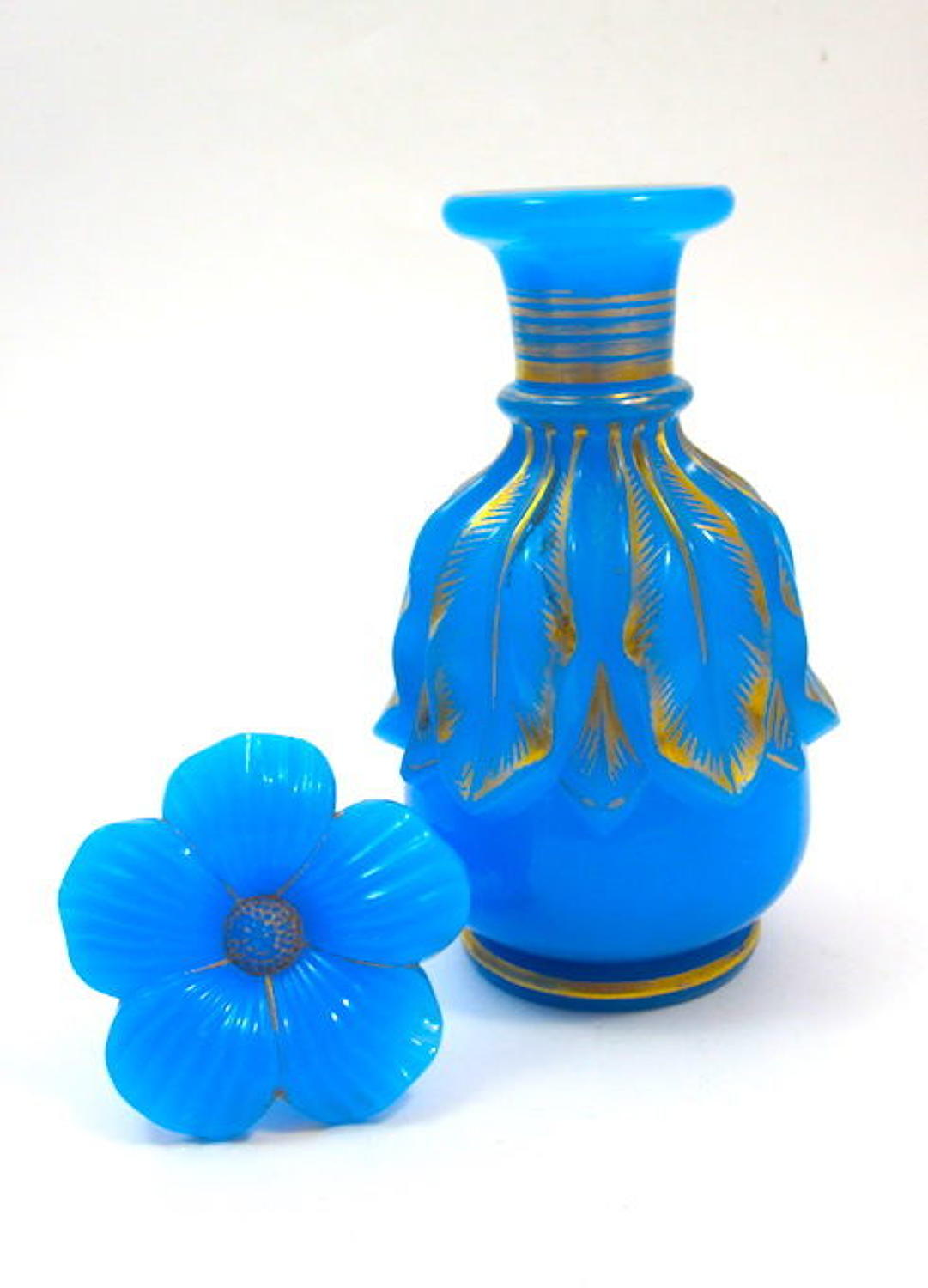 Antique Baccarat Blue Opaline Glass Perfume Bottle Flower Stopper
