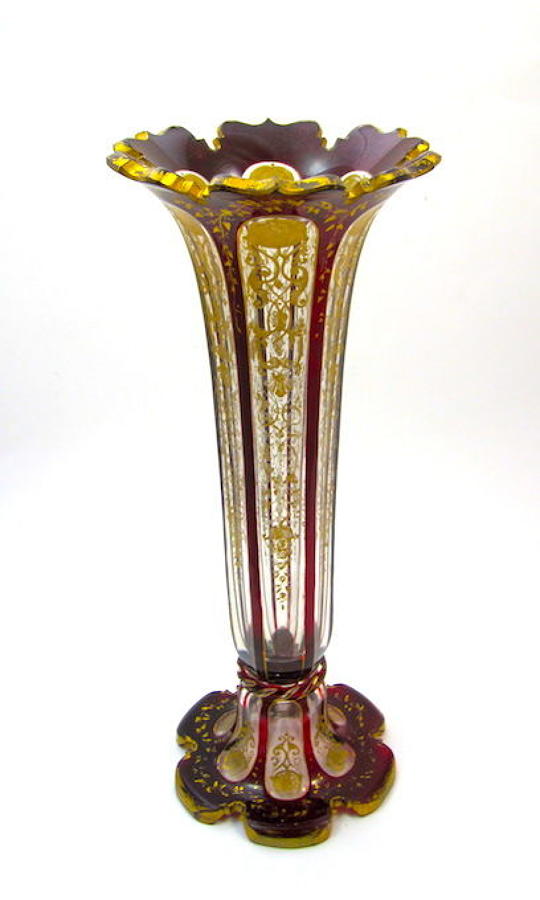 Tall Antique Bohemian Ruby Red and Gold Vase