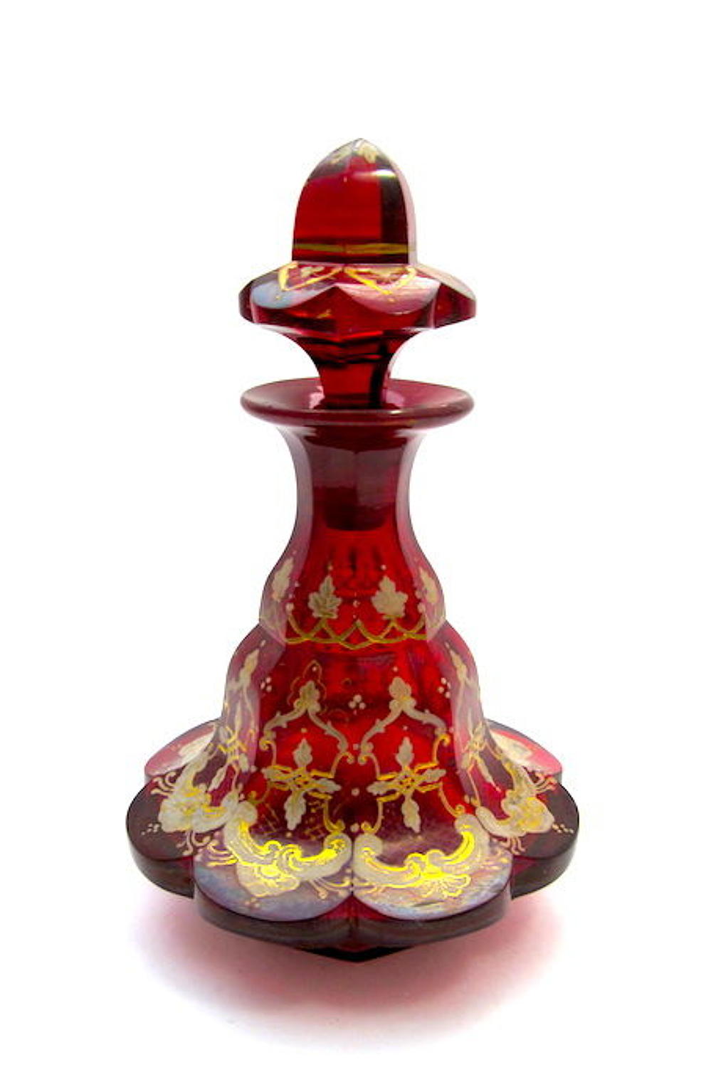A Very Large Bohemian Ruby Red Enamelled Perfume Bottle
