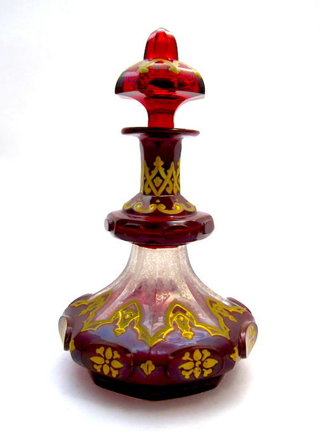 Antique Bohemian Deep Ruby Red Glass Gold Enamelled Perfume Bottle.