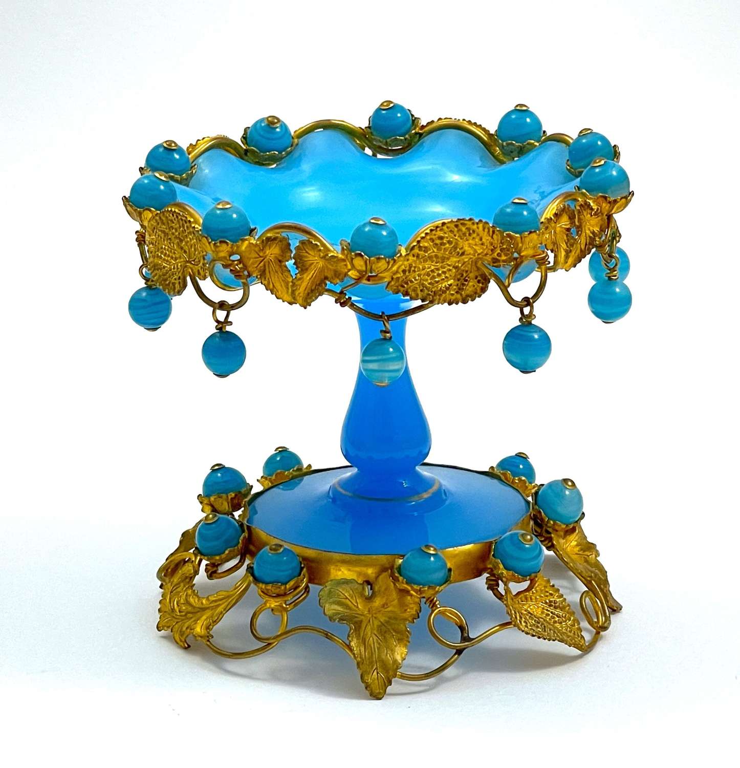 Antique French Palais Royal Blue Opaline Bowl with Opaline Baubles