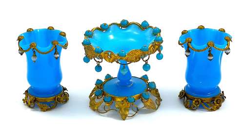 Antique French Palais Royal Blue Opaline Bowl with Opaline Baubles