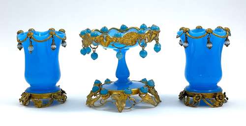 Antique French Palais Royal Blue Opaline Bowl with Opaline Baubles