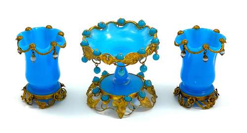 Antique French Palais Royal Blue Opaline Bowl with Opaline Baubles