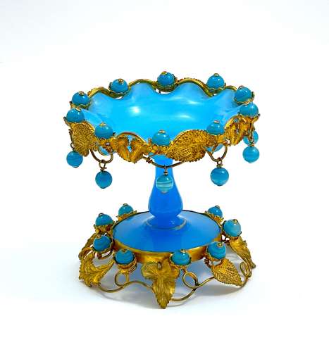 Antique French Palais Royal Blue Opaline Bowl with Opaline Baubles