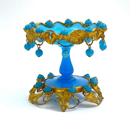 Antique French Palais Royal Blue Opaline Bowl with Opaline Baubles