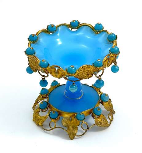 Antique French Palais Royal Blue Opaline Bowl with Opaline Baubles