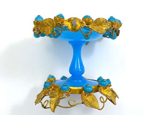 Antique French Palais Royal Blue Opaline Bowl with Opaline Baubles