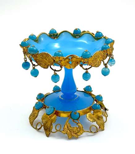 Antique French Palais Royal Blue Opaline Bowl with Opaline Baubles