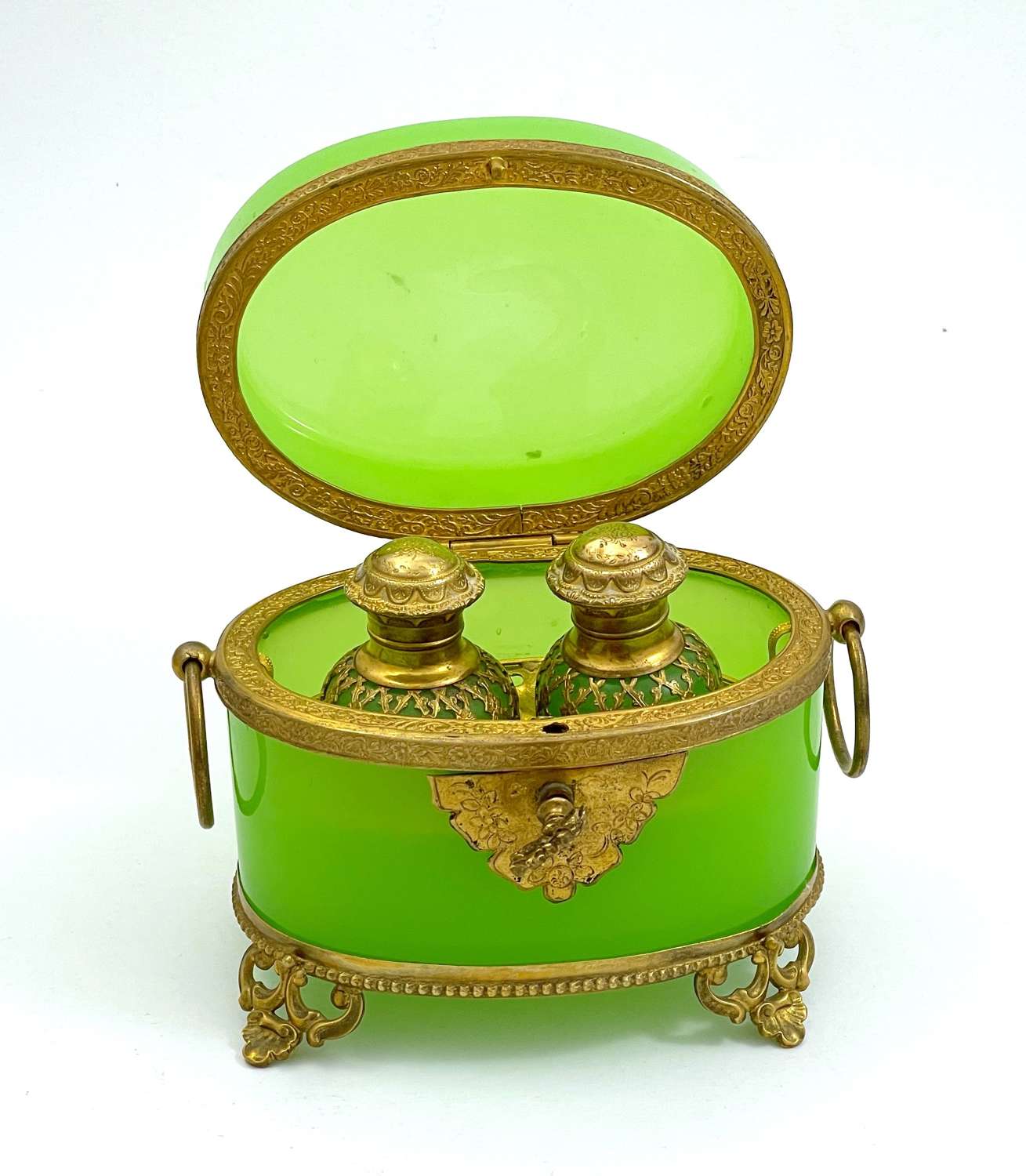 Antique French Baccarat Green Opaline Glass Perfume Casket Box