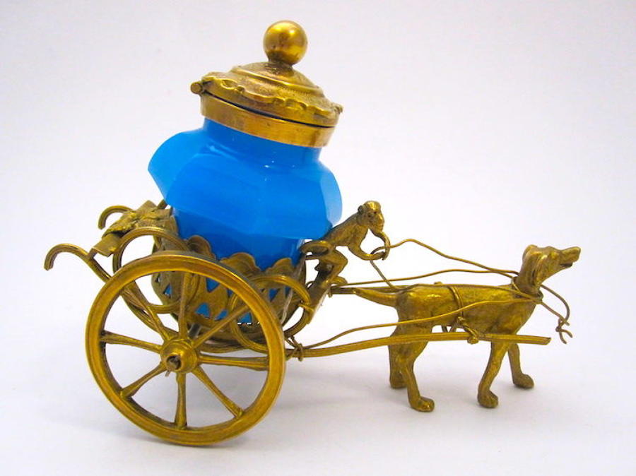 Palais Royal Dore Bronze Cart Ink Pot Pulled a Dog and Monkey