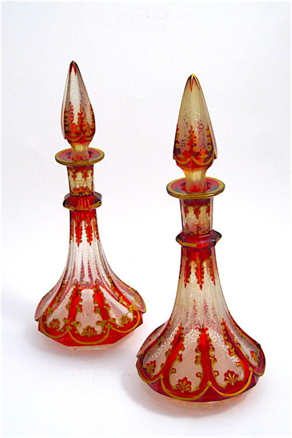 Pair of Tall Antique Bohemian Ruby Red Enamelled Perfume Bottles