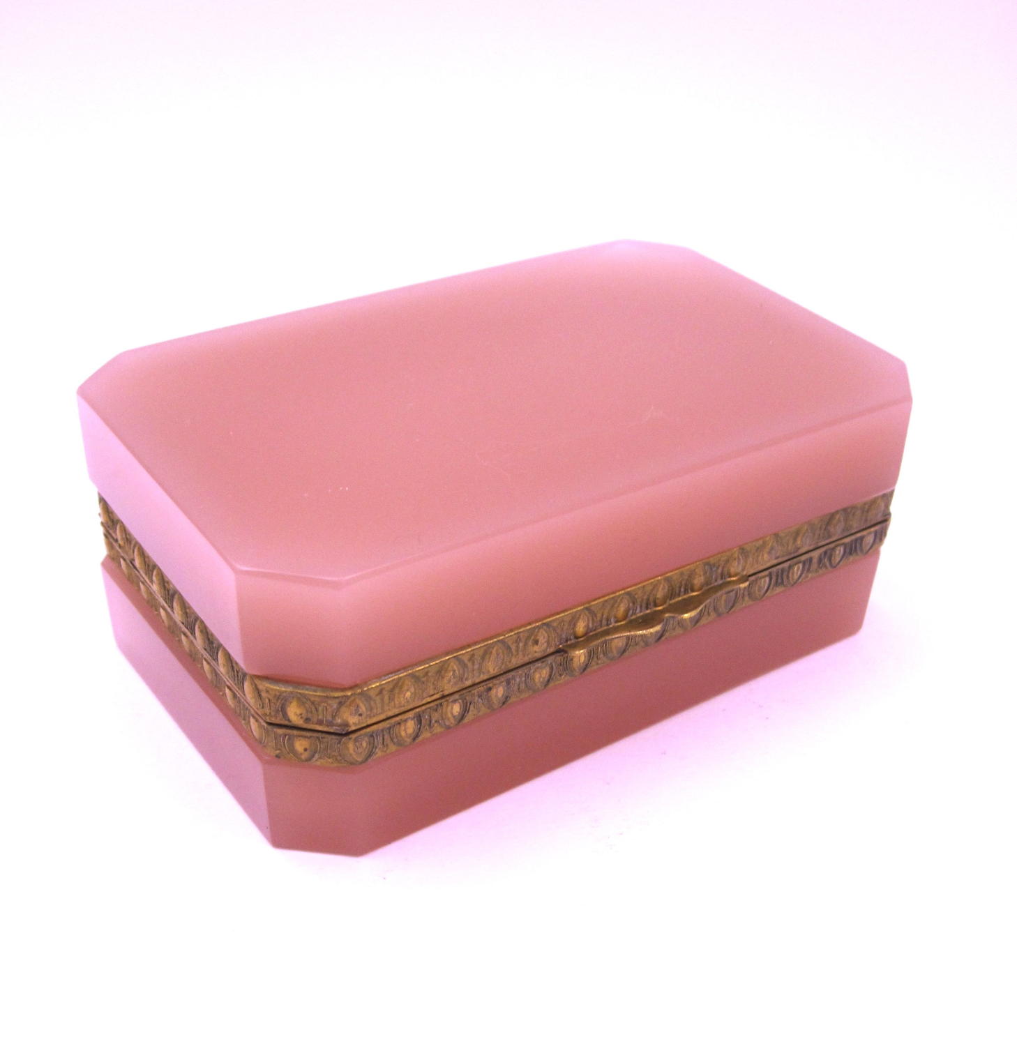 Antique French Pink Opaline Glass Casket Box with Fancy Mounts.
