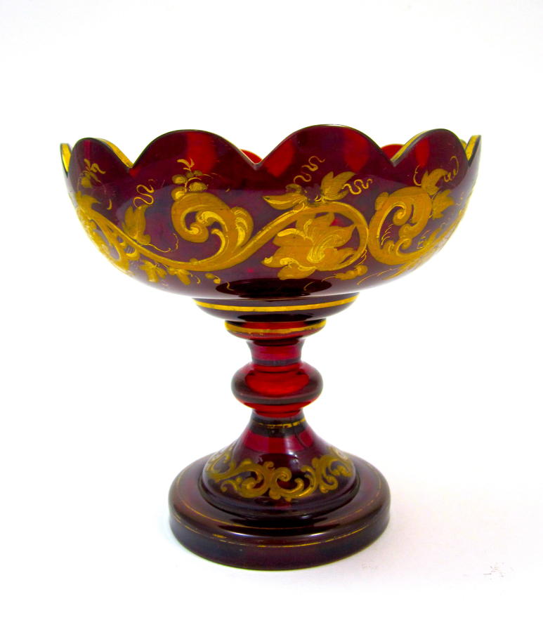 Antique Bohemian Deep Ruby Red Glass Enameled Vase.
