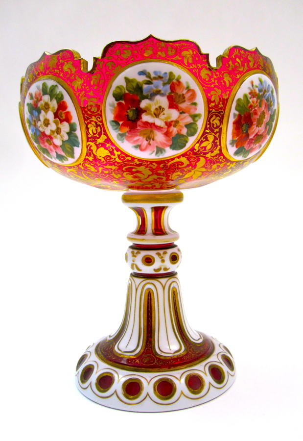 Antique Bohemian Cranberry Overlay Glass Bowl