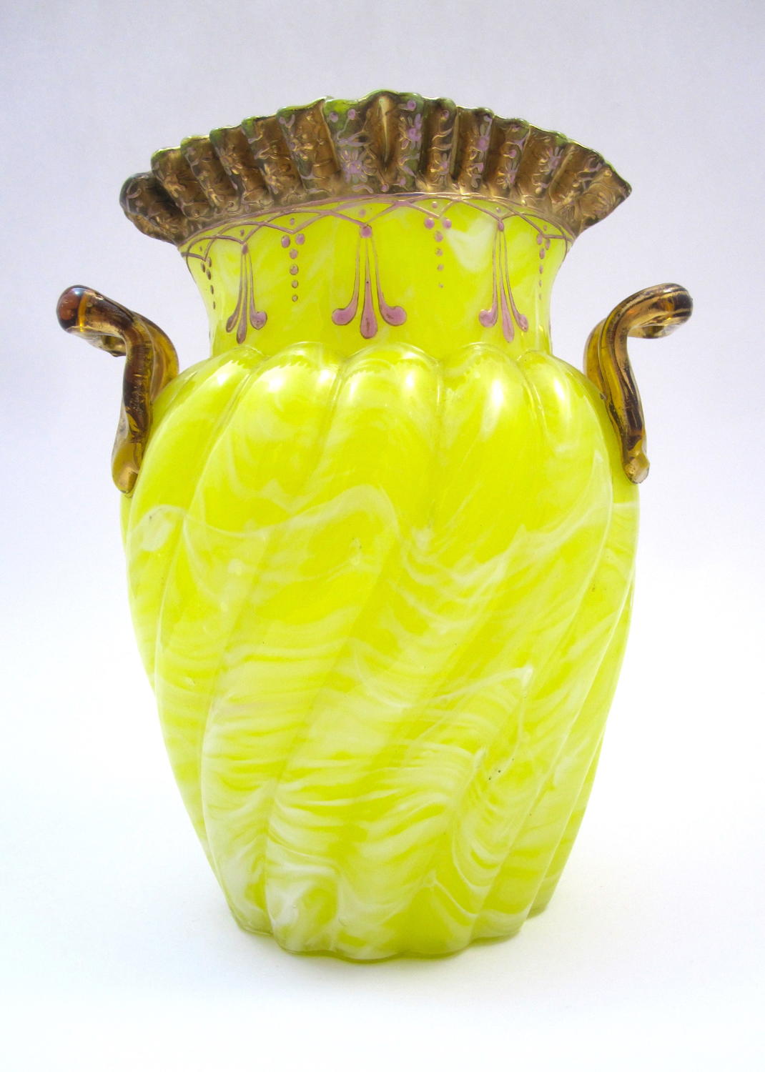 Antique MOSER Double Handle Yellow Spatter Vase