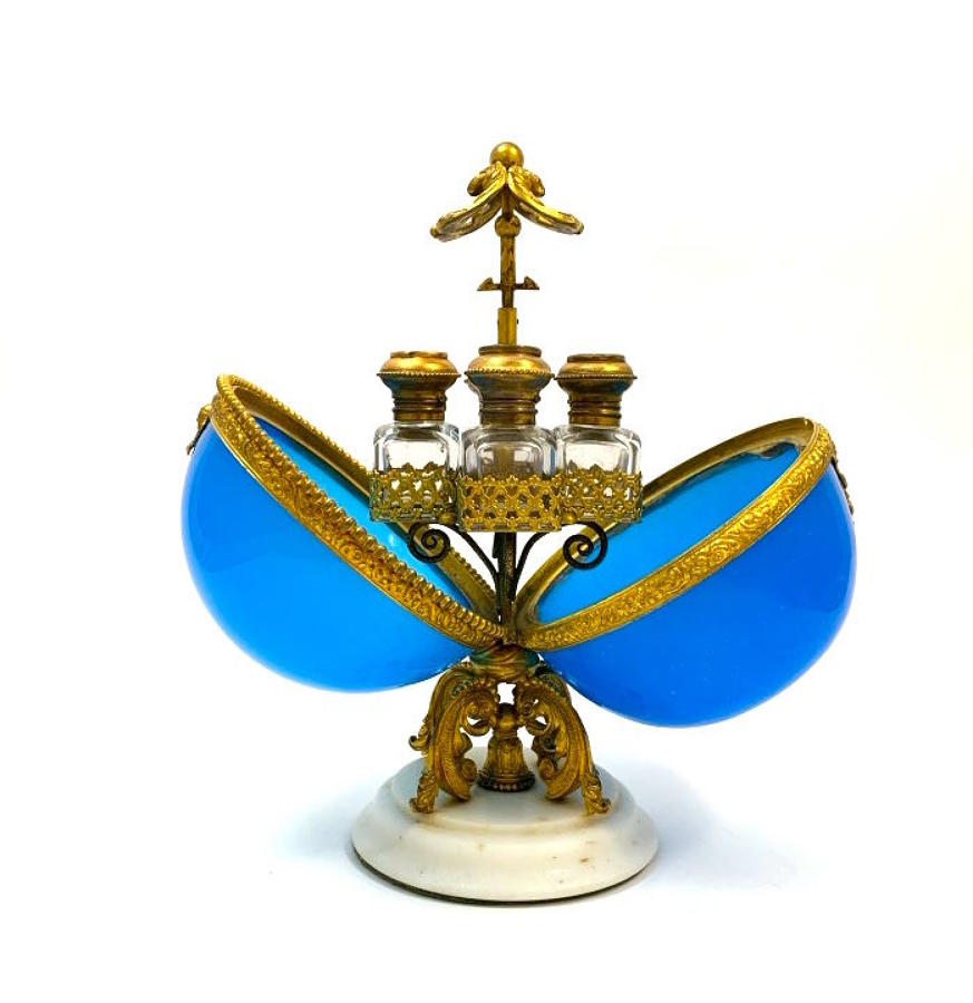 A Large Antique Palais Royal Blue Opaline Glass Perfume Casket 