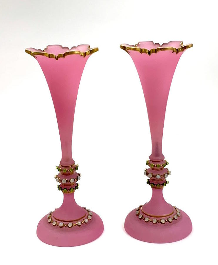 Pair of Antique French Pink Opaline Glass Jewelled Vases